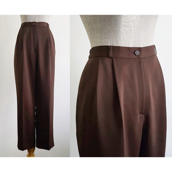 Brown High Waisted Pants Vintage Tapered Pants Womens Pleated Trousers Polyester Pants Elastic Waist Pants Casual Pants Medium Large