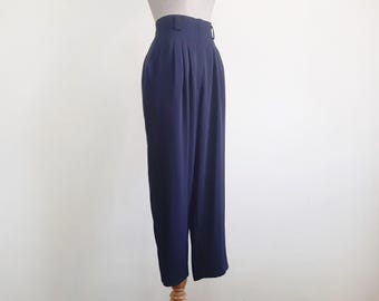 KOOS ヴィンテージ ネイビーブルー テーパードパンツ ハイウエスト プリーツ ポリエステル トラウザーズ Sサイズ 26インチ ウエスト