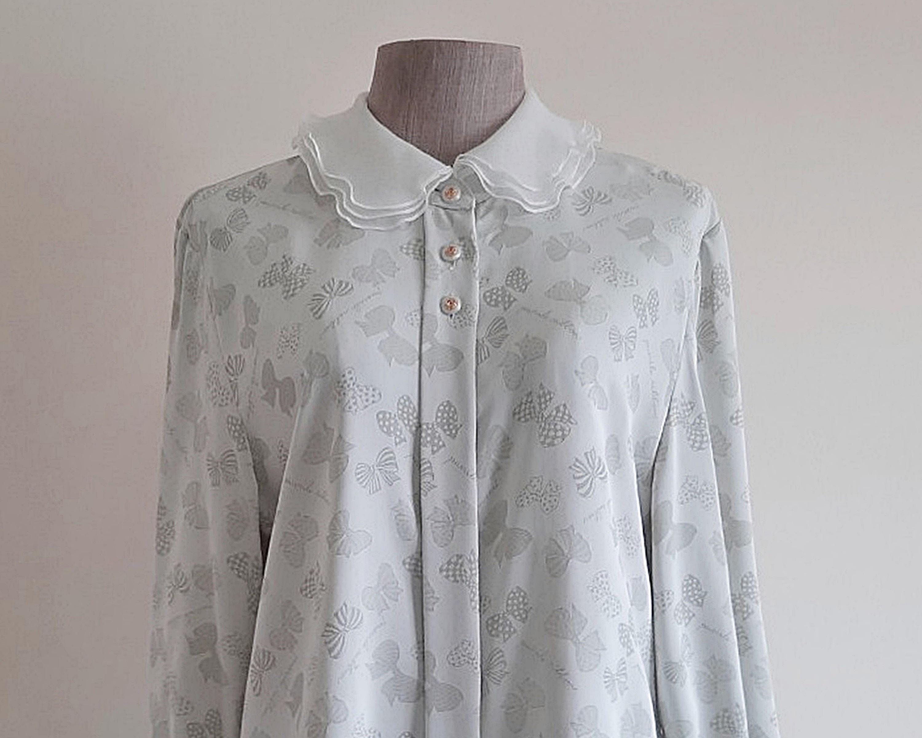 Small Vintage Gray Bow Blouse Womens Organza Collar Top Long Small Vintage Gray Bow Blouse Womens Organza Collar Top Long