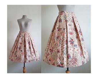 Brown Floral Print Skirt Womens Pleated Skirt Cotton Skirt Knee Length Skirt Full Skirt Pin Up Skirt With Pockets Small 26" Waist