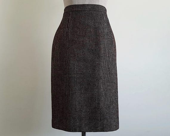 Aquascutum, Vintage Aquascutum Black Brown Wool Tweed Skirt Straight Knee Length Designer Small 26" Waist