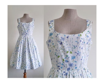 White Blue Floral Dress Womens Cotton Dress Strap Dress Open Back Dress Pleated Dress Knee Length Dress Rockabilly Dress Summer Dress Medium