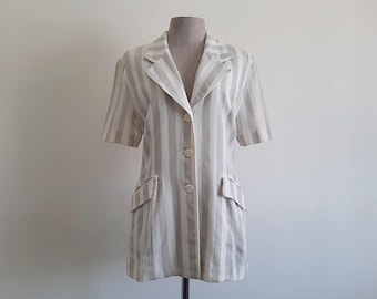 Blazer rayé beige crème pour femme Veste en laine à manches courtes et col boutonné vintage Petit