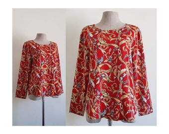 Red Baroque Blouse Vintage Chain Print Blouse Womens Long Sleeve Top Pullover Blouse Polyester Blouse Summer Blouse Retro Blouse Medium