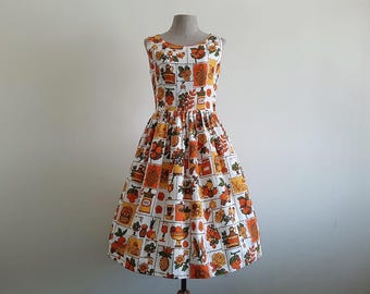 Fruit Print Cotton Dress White Orange Floral Sleeveless Knee Length Pin Up Summer Small