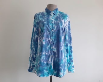 Vintage Banana Republic Blå Tie Dye Skjorta Bomullsblus Långärmad Button Up Liten