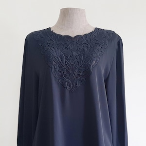 Small Vintage Black Embroidered Blouse Womens Puff Sleeve Top Button Back Blouse Polyester Blouse Elegant Blouse Cocktail Blouse Prom Blouse