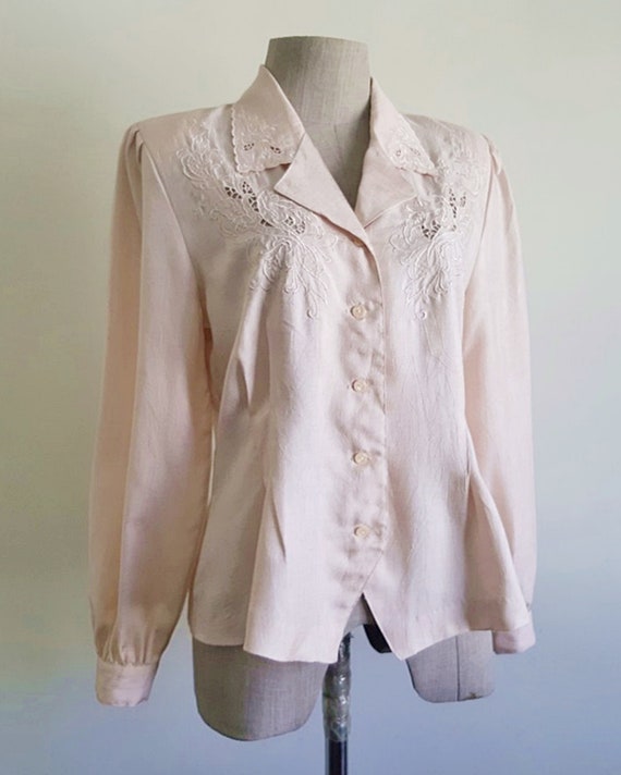 Pink Embroidered Blouse Vintage Puff Sleeve Blous… - image 4