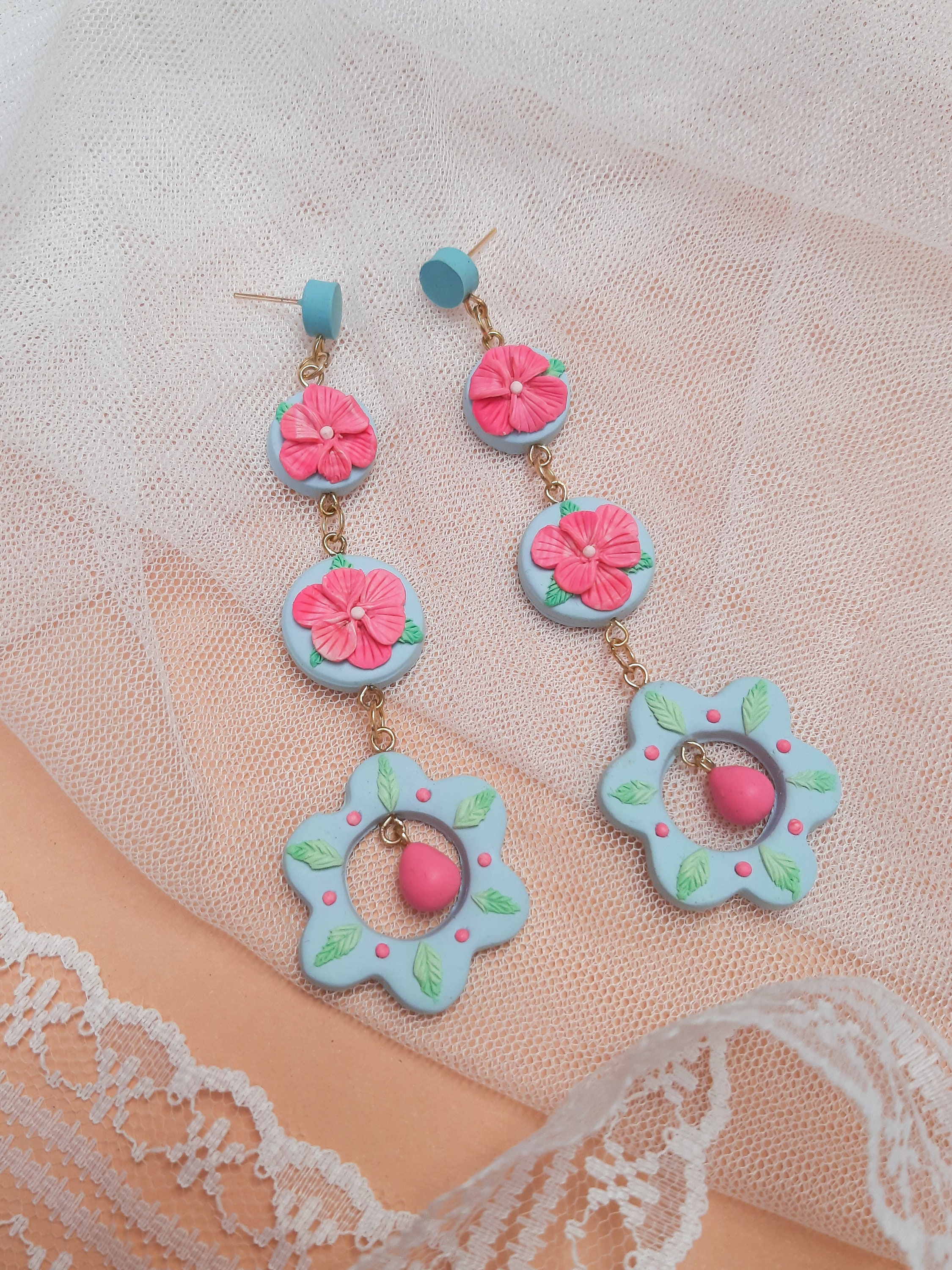 Pink Flower Polymer Clay Earrings Floral Earrings Handmade Etsy