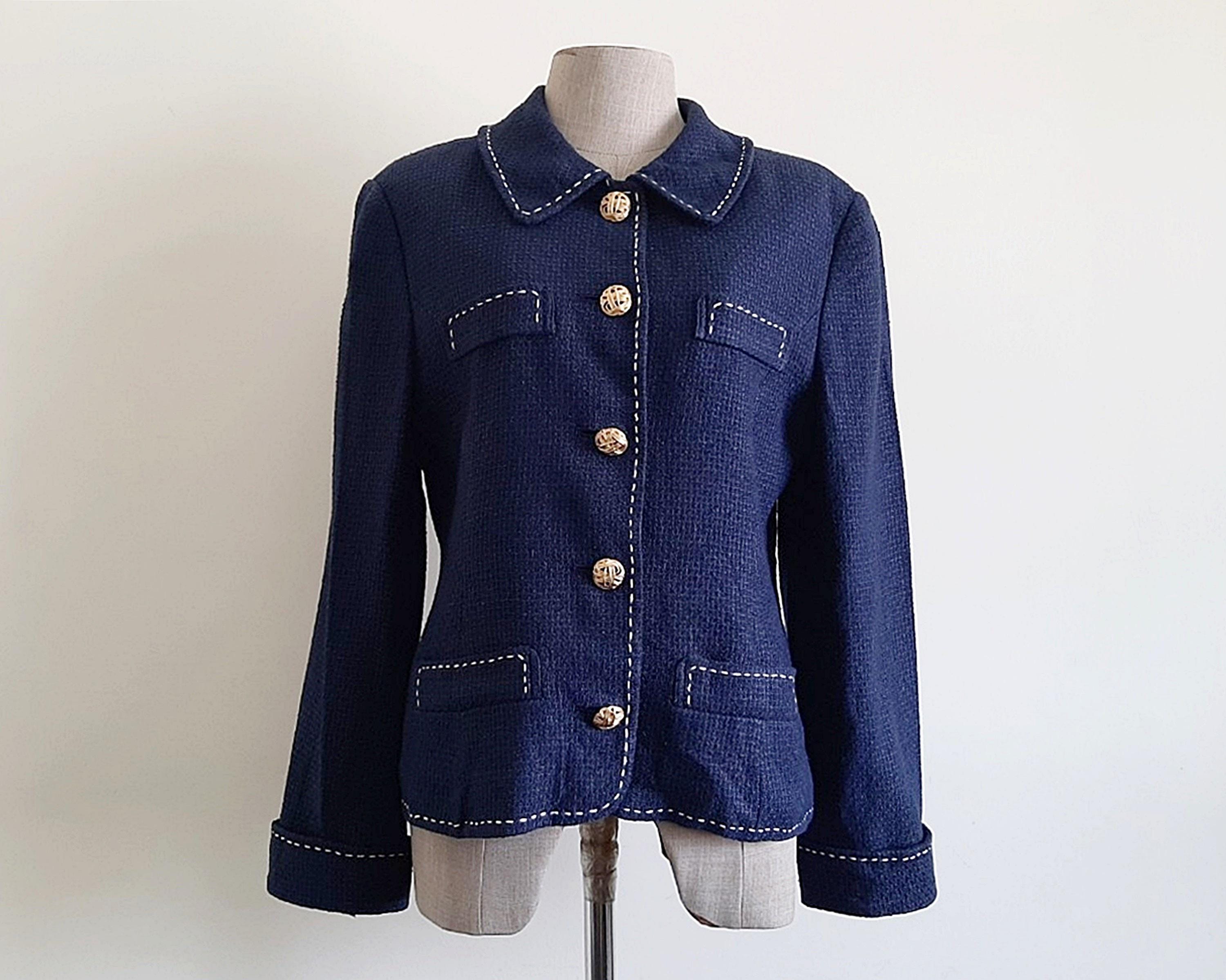 Veste en lin bleu marine vintage bouton dore veste femme epaulette blazer veste a col veste d ete veste de bureau veste de travail moyenne Etsy France