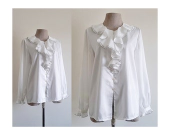 White Ruffle Blouse Vintage Long Sleeve Blouse Womens Button Front Top Victorian Blouse Cottagecore Blouse Romantic Blouse Cute Blouse XS