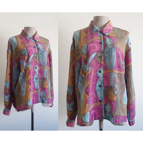 Abstract Print Blouse Vintage Blue Purple Blouse Womens Long Sleeve Shirt Button Up Blouse Collared Blouse Polyester Blouse Medium