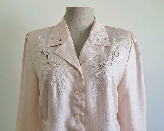 Pink Embroidered Blouse Vintage Puff Sleeve Blous… - image 3