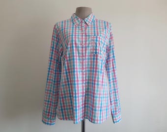 Vintage Croft & Barrow Plaid Check Shirt Blue Pink Cotton Blouse Long Sleeve Medium