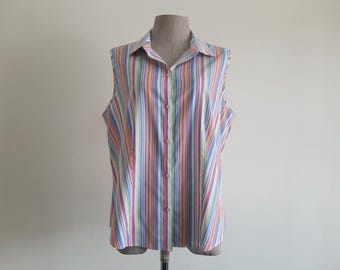 Vintage Talbots Rainbow Striped Top Cotton Blend Blouse Sleeveless Button Up Collared Summer Large