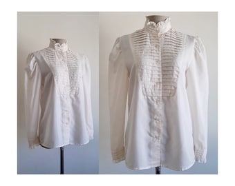 Cream Pleated Blouse Vintage High Neck Blouse Womens Puff Sleeve Top Button Up Blouse Victorian Blouse Romantic Blouse Cute Blouse XS