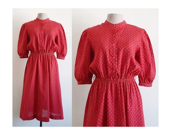 80s Red Polka Dot Dress Vintage Cotton Linen Dress Womens Puff Sleeve Dress High Neck Dress Button Up Dress Knee Length Dress Small Medium