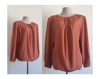 Brown Draped Blouse Vintage Button Back Blouse Womens Long Sleeve Top Polyester Blouse Secretary Blouse Work Blouse Office Blouse Large