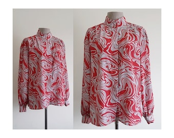 Abstract Print Blouse Vintage Gray Red Blouse Womens High Neck Collar Top Long Sleeve Blouse Button Front Blouse Polyester Blouse Medium