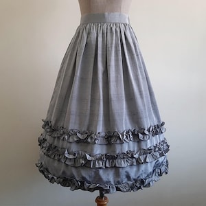 Vintage Gray Ruffle Midi Skirt High Waisted Flare Gathered Polyester Lolita XS 24" Waist