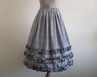 Vintage Gray Ruffle Midi Skirt High Waisted Flare Gathered Polyester Lolita XS 24" Waist