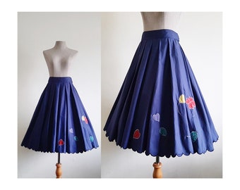 Navy Blue Circle Skirt Vintage Pleated Midi Skirt Womens Cotton Skirt Embroidered Skirt Scalloped Skirt High Waisted Skirt Medium 28" Waist