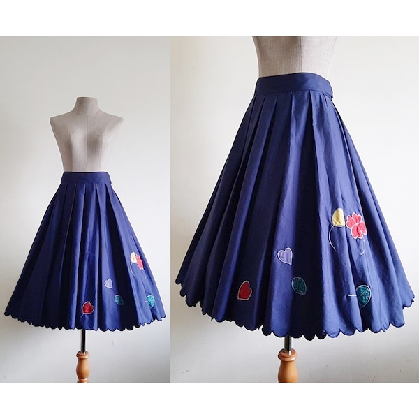 Navy Blue Circle Skirt Vintage Pleated Midi Skirt Womens Cotton Skirt Embroidered Skirt Scalloped Skirt High Waisted Skirt Medium 28" Waist