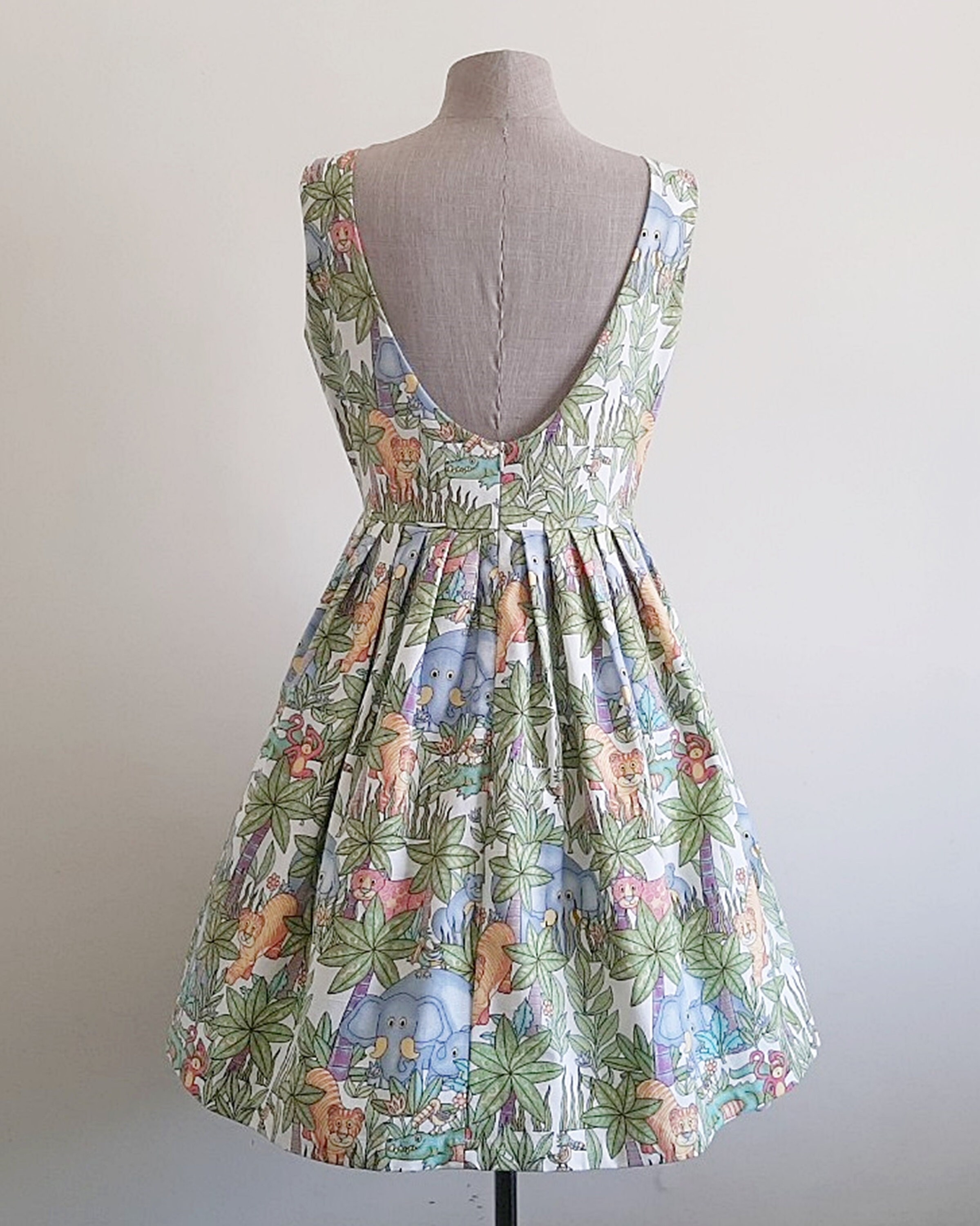 Safari Animal Print Dress Green White Cotton Sleeveless Open Back Knee Length Rockabilly Medium