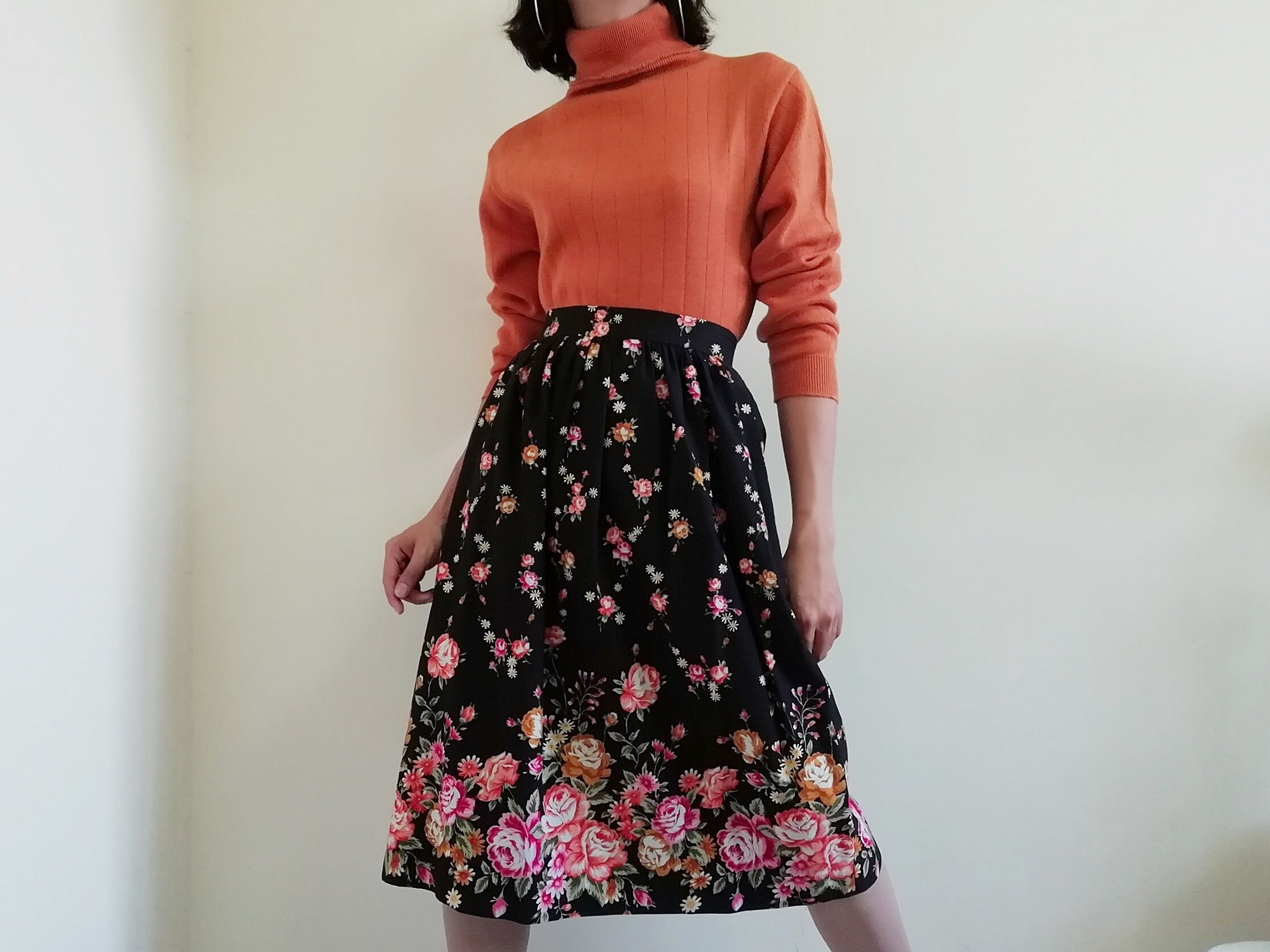 Vintage Black Floral Skirt Womens Cotton Skirt High Waisted Etsy