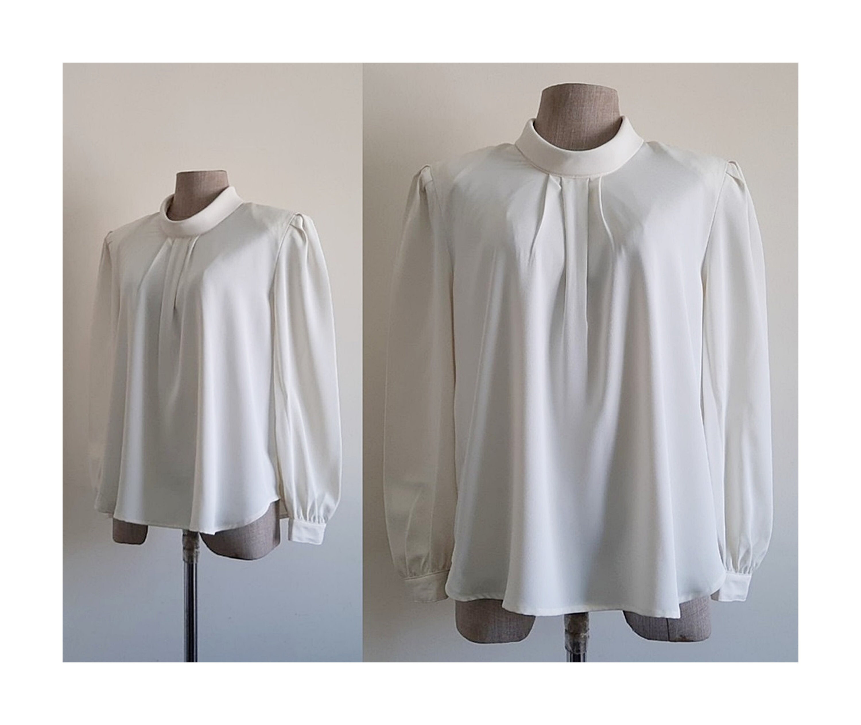 Cream Rolled Collar Blouse Vintage Puff Sleeve Blouse Womens High 