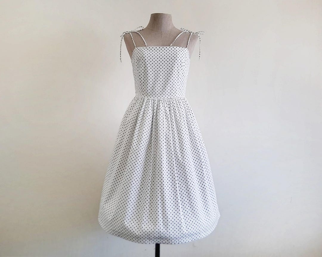 XS White Black Polka Dot Dress Womens Tie Strap Dress