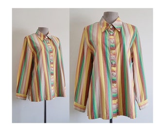 Rainbow Striped Shirt Vintage Cotton Shirt Womens Long Sleeve Blouse Button Up Shirt Collared Shirt Colorful Shirt Summer Shirt XL