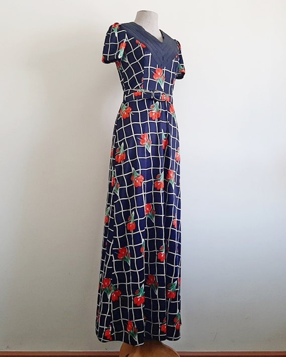 70s Floral Maxi Dress Vintage Navy Blue Dress Wom… - image 4