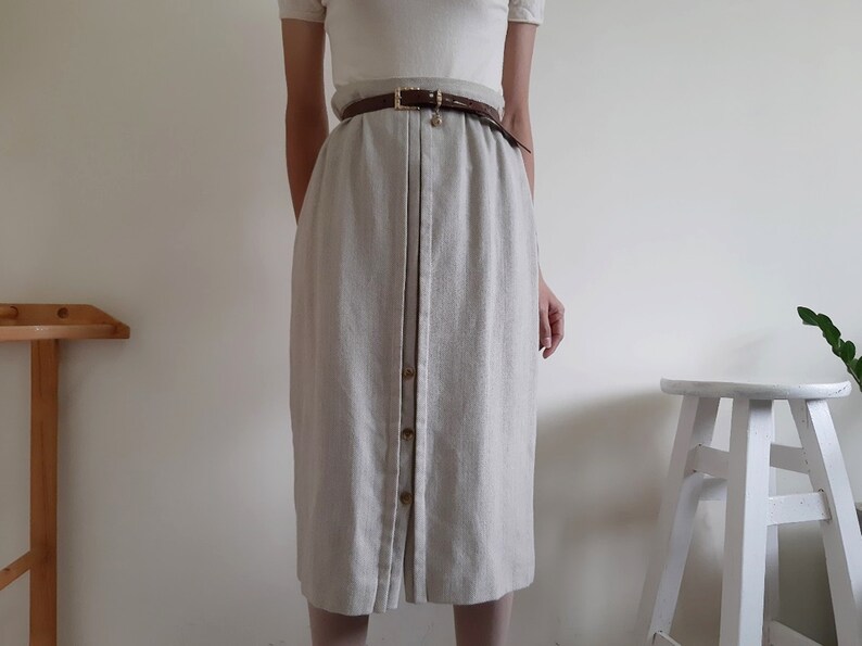 PARIS Vintage Beige Wool Skirt Womens Midi Skirt High Waisted Skirt Fall Skirt Winter Skirt Formal Skirt Medium 28 Waist M ELEGANCE S.A