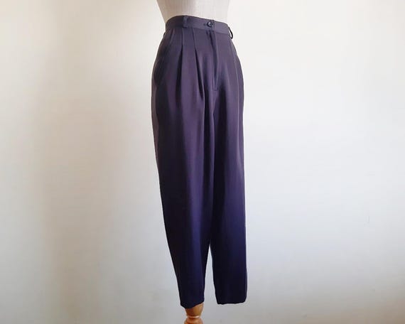 Vintage Purple Wool Pants Womens High Waisted Tapered Pleated Trousers Winter XS 25.5" Waist