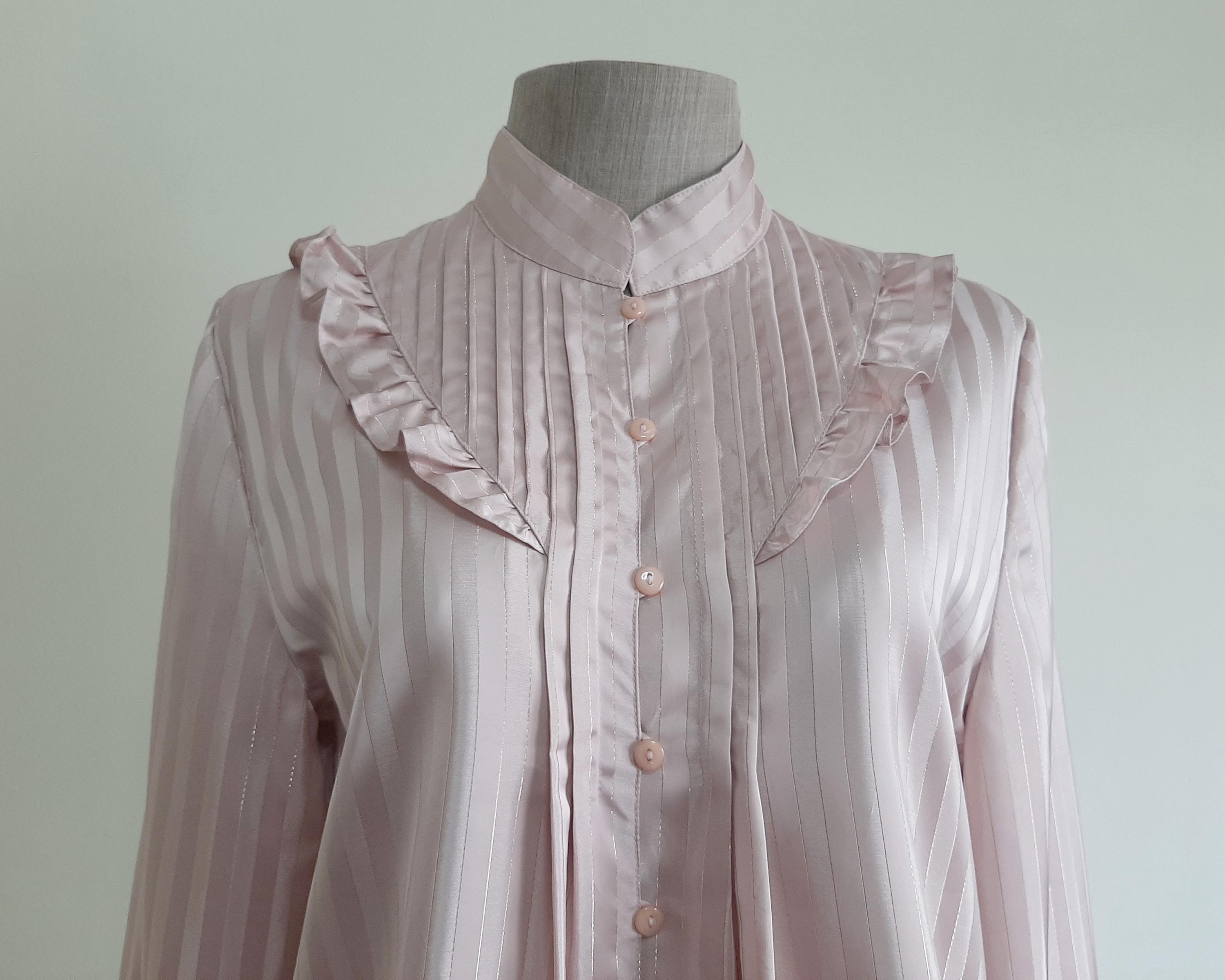 Vintage 80s Pink Gold Ruffle Blouse Metallic Striped Long Sleeve ...