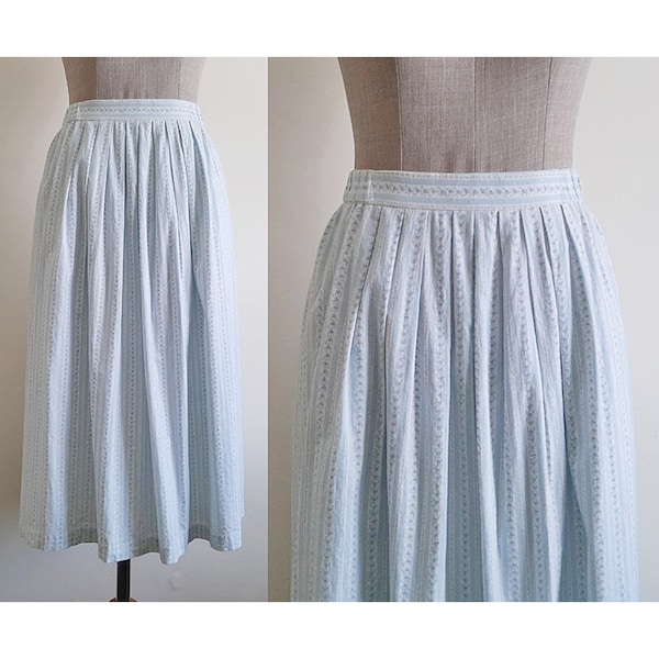 White Blue Floral Skirt Vintage Striped Midi Skirt Womens Pleated Skirt Cotton Skirt Below The Knee Skirt High Waisted Skirt XXS XS