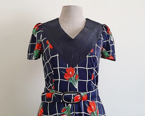 70s Floral Maxi Dress Vintage Navy Blue Dress Wom… - image 3