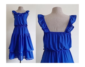 70s Blue Prom Dress Vintage Cocktail Dress Womens Blouson Dress Ruffle Dress Open Back Dress Smocked Dress Strap Dress Midi Dress XS Small