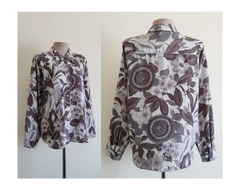 Gray Floral Blouse Vintage Botanical Print Blouse Womens Long Sleeve Shirt Button Up Blouse Collared Blouse Polyester Blouse Large