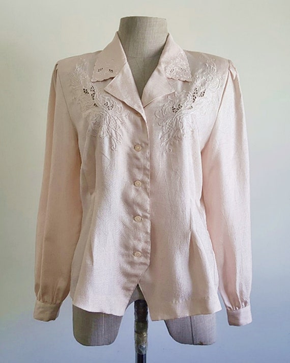 Pink Embroidered Blouse Vintage Puff Sleeve Blous… - image 2