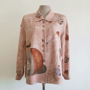 Large Vintage Brown Novelty Print Shirt Womens Long Sleeve Blouse Button Up Shirt Collared Shirt Polyester Shirt Japanese Shirt Retro Top L