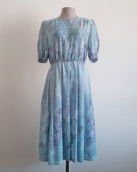 80s Green Blue Floral Dress Vintage Short Sleeve … - image 2