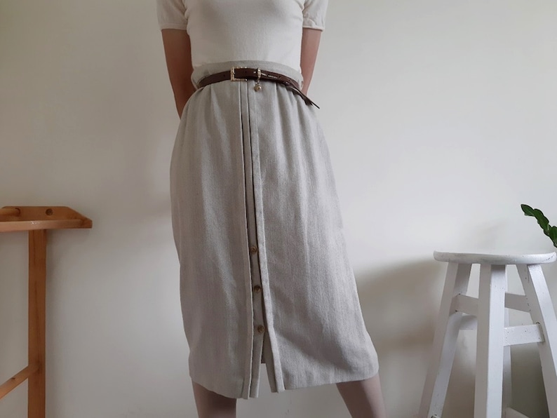PARIS Vintage Beige Wool Skirt Womens Midi Skirt High Waisted Skirt Fall Skirt Winter Skirt Formal Skirt Medium 28 Waist M ELEGANCE S.A