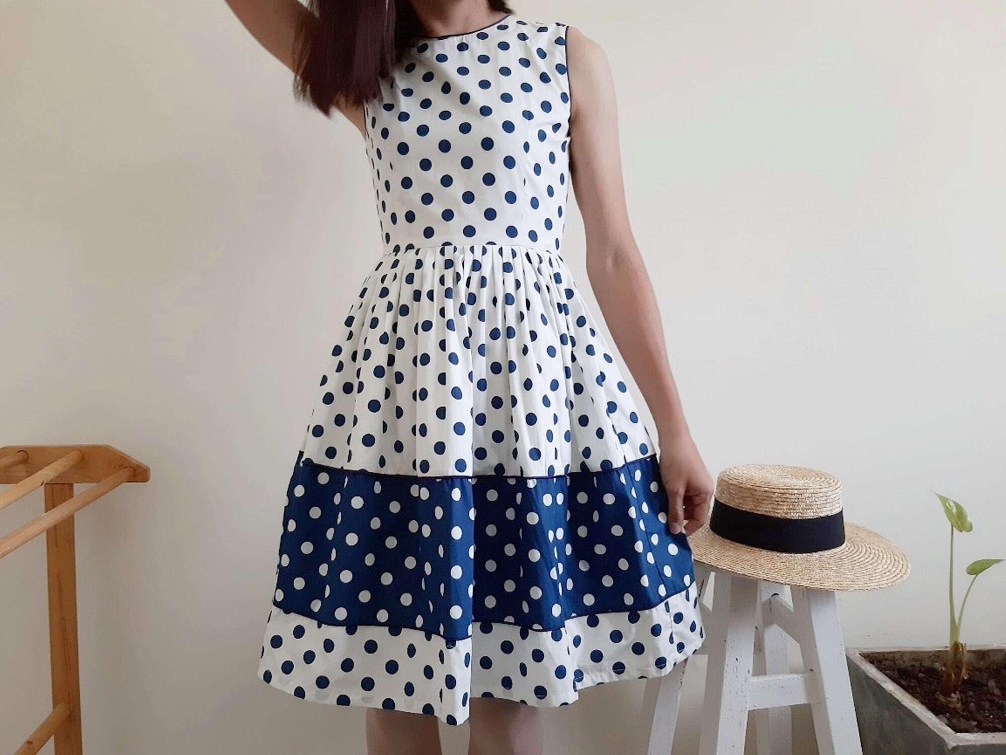 Polka Dot Dress Womens White Blue Dress 