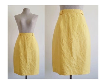 Yellow Linen Skirt Vintage Above The Knee Skirt Womens High Waisted Skirt French Skirt Minimalist Skirt Summer Skirt Small 27" Waist