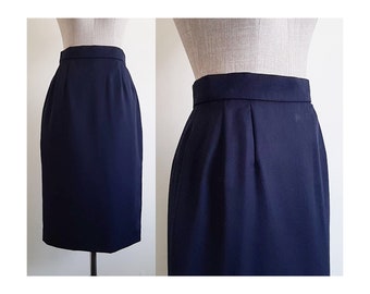 LANVIN Navy Blue Skirt Vintage Wool Midi Skirt Womens Below The Knee Skirt High Waisted Skirt French Skirt Office Skirt XS 25.5" Waist