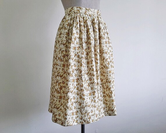 Brown Cream Floral Skirt Vintage Pleated Skirt Womens Flower Print Skirt Knee Length Skirt Polyester Skirt High Waisted Skirt XXS 23 Waist Etsy UK