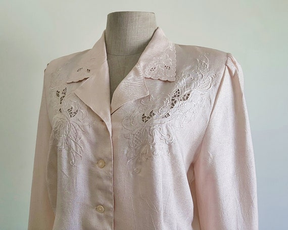 Pink Embroidered Blouse Vintage Puff Sleeve Blous… - image 7