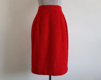Falda vintage de lana roja para mujer, hasta la rodilla, recta, cintura elástica, talla XS pequeña, 63 cm y 66 cm